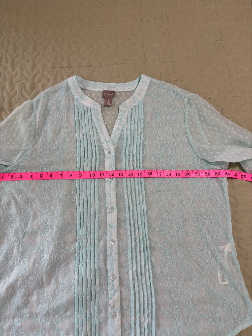 Chico's Mint Blue Aqua Pintuck  Sheer Blouse Embroidery Swiss Dot Size 3 (XL/16) - Picture 8 of 14